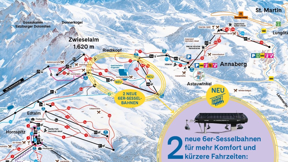Lokatie nieuwe Aussichtsberg lift in Dachstein West.